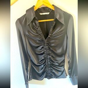 Zara ruched satin black long sleeve top